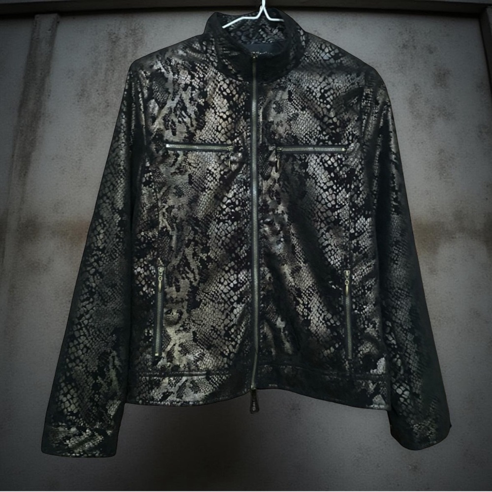 Shimmery Snake Print Zip Up Jacket w/ Pockets
